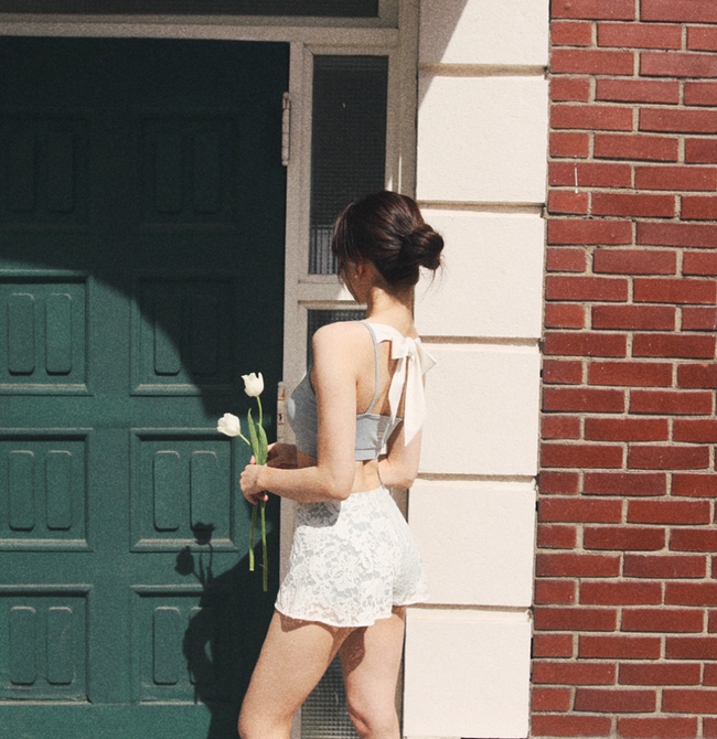 Lenique|Back ribbon frill lace set