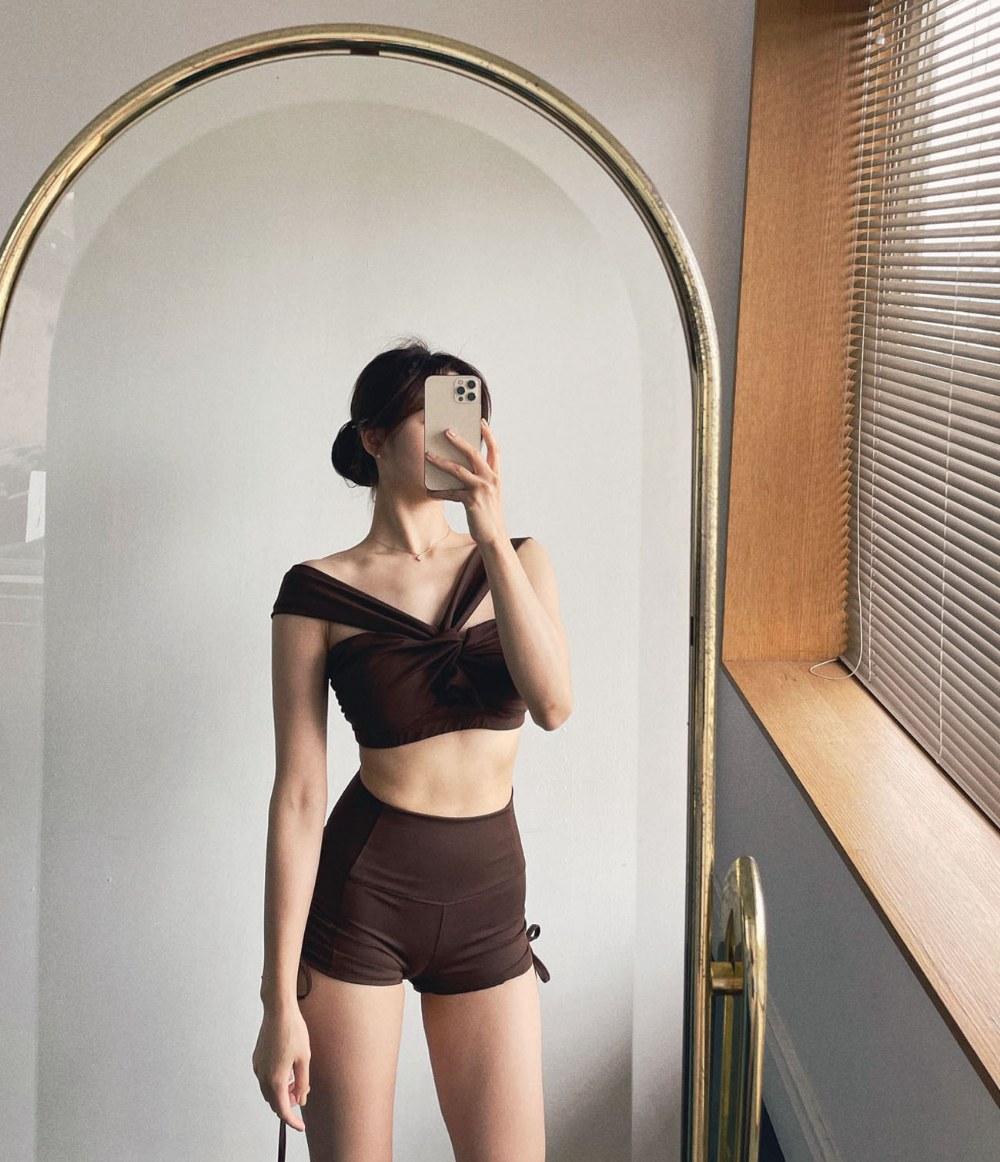 Lenique|Two shoulder ribbon high waist set